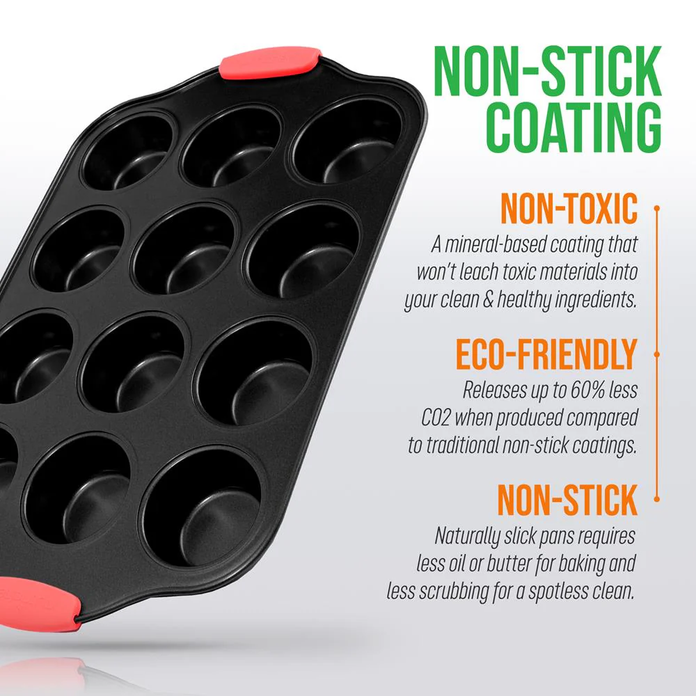 12 Cup Muffin Pan - Deluxe Nonstick Gray Coating Inside & Outside With Red Silicone Handles, Compatible With Models: Ncsbs10S, Ncsbs8S, Ncsbs6S (Black) - Image 6