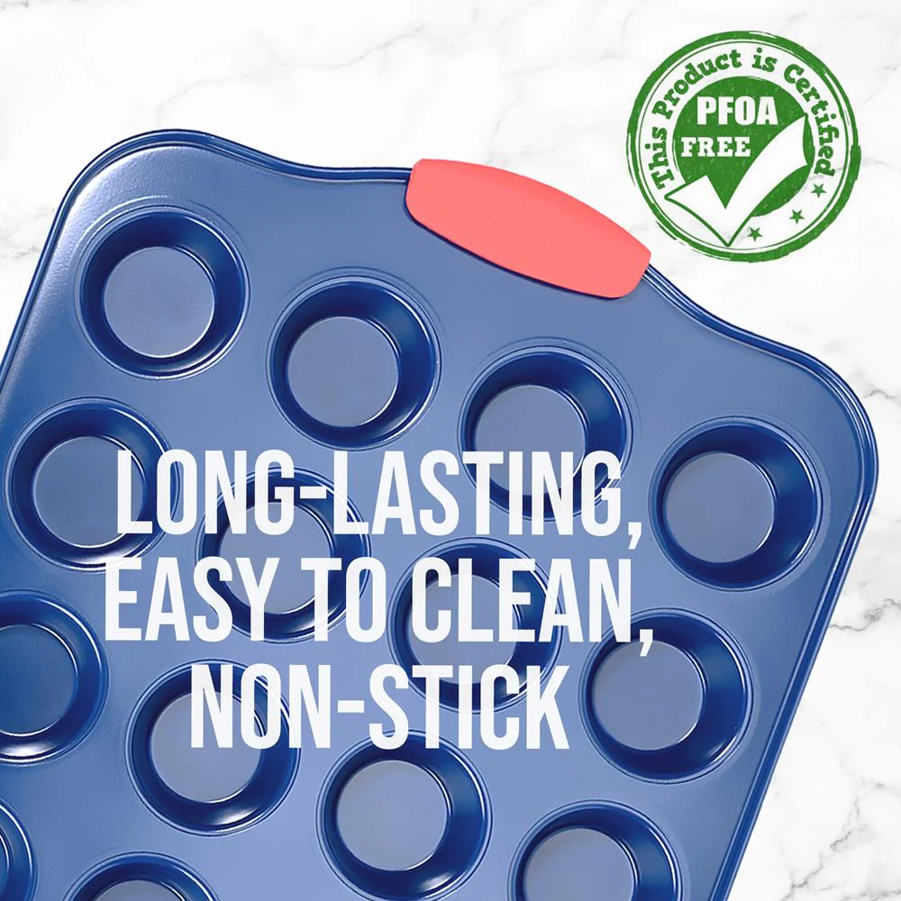 24 Cup Muffin Pan - Deluxe Nonstick Blue Coating Inside & Outside With Red Silicone Handles,  Compatible With Model: Ncsbsbl10 (Blue) - Image 3