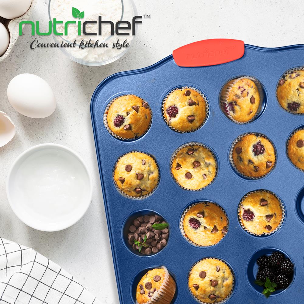 24 Cup Muffin Pan - Deluxe Nonstick Blue Coating Inside & Outside With Red Silicone Handles,  Compatible With Model: Ncsbsbl10 (Blue) - Image 4