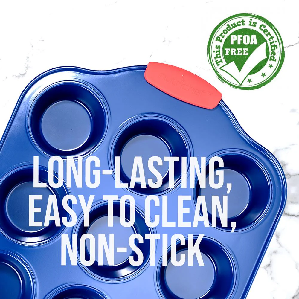 12 Cup Muffin Pan - Deluxe Nonstick Blue Coating Inside & Outside With Red Silicone Handles,  Compatible With Models: Ncsbsbl10, Ncsbsbl8, Ncsbsbl6 (Blue) - Image 3