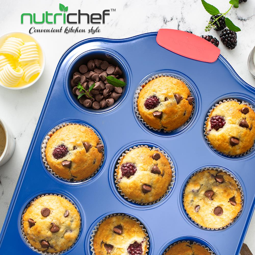12 Cup Muffin Pan - Deluxe Nonstick Blue Coating Inside & Outside With Red Silicone Handles,  Compatible With Models: Ncsbsbl10, Ncsbsbl8, Ncsbsbl6 (Blue) - Image 4