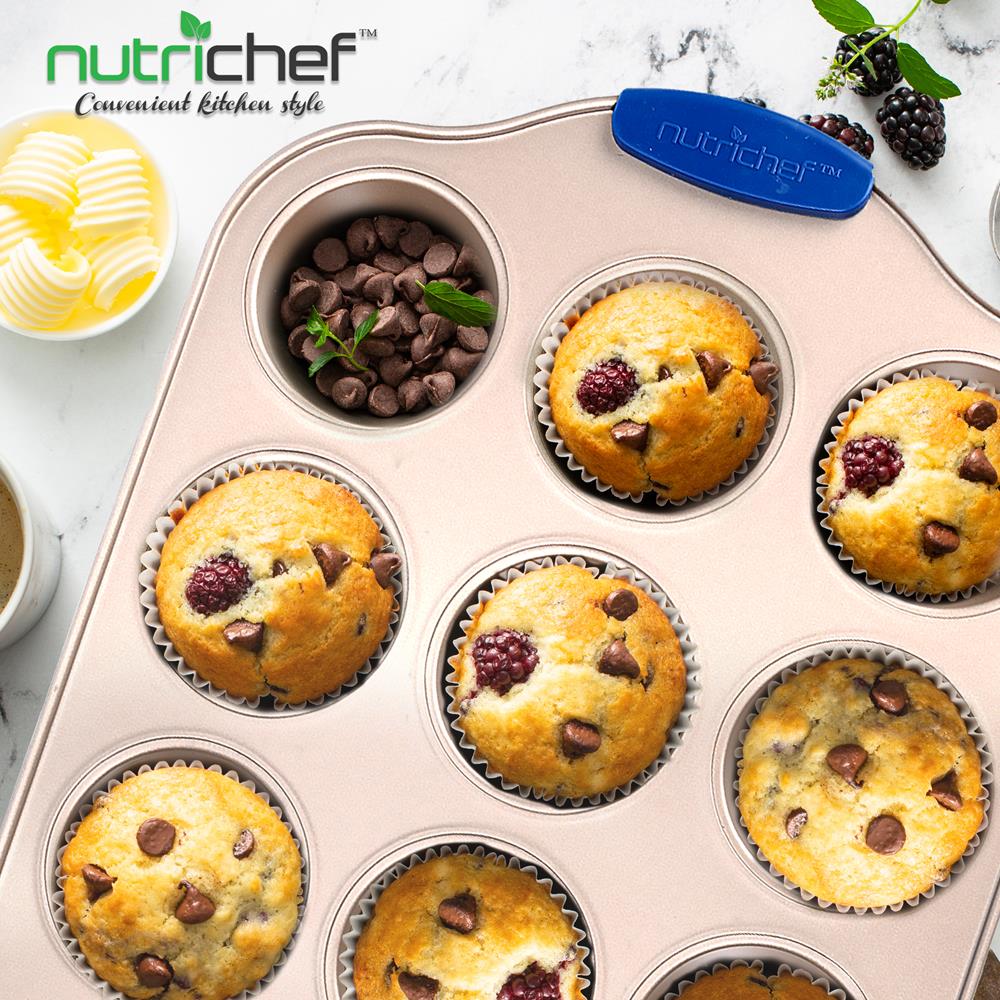 12 Cup Muffin Pan - Deluxe Nonstick Gold Coating Inside & Outside With Blue Silicone Handles,  Compatible With Models: Ncsbsg78, Ncsbsg60, Ncsbsg36 (Gold) - Image 4