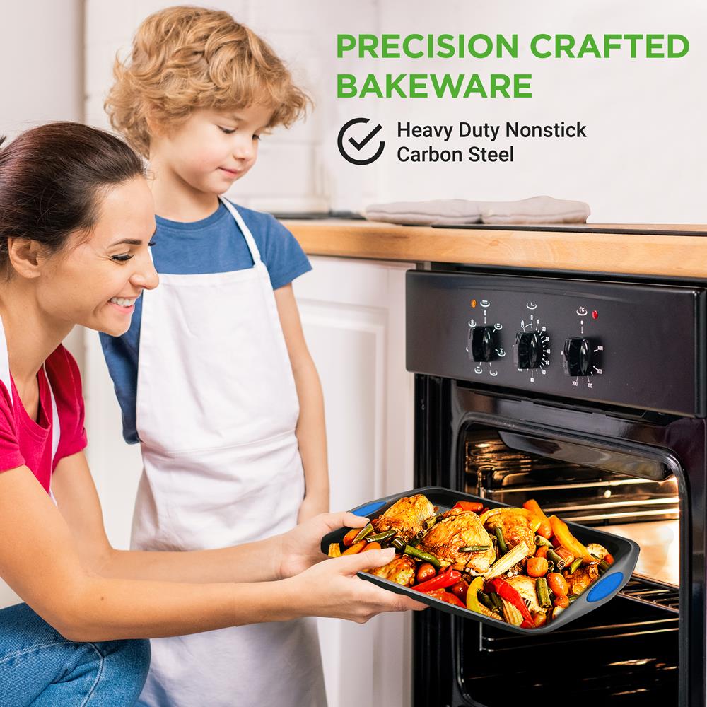 Kitchen Oven Baking Pans - Deluxe Nonstick Gray Coating Inside & Outside Carbon Steel Bakeware Set With Blue Silicone Handles (3-Pieces) - Image 6