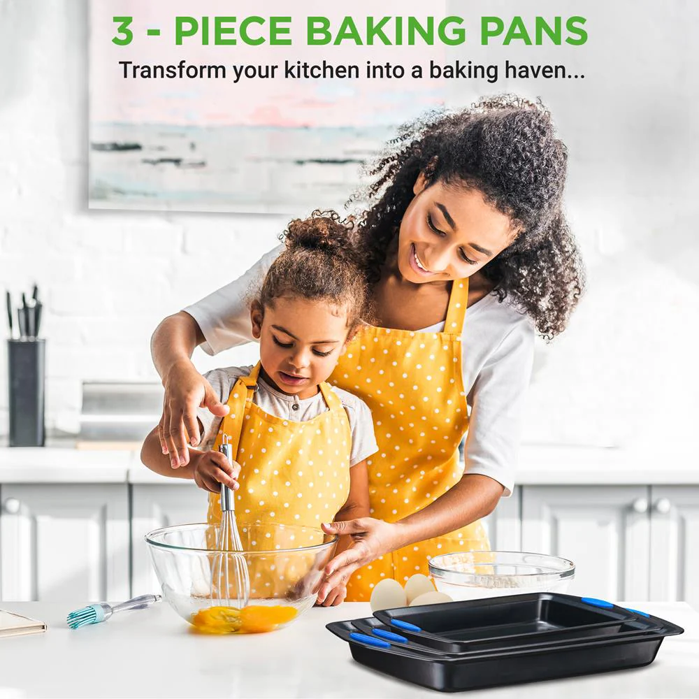 Kitchen Oven Baking Pans - Deluxe Nonstick Gray Coating Inside & Outside Carbon Steel Bakeware Set With Blue Silicone Handles (3-Pieces) - Image 2