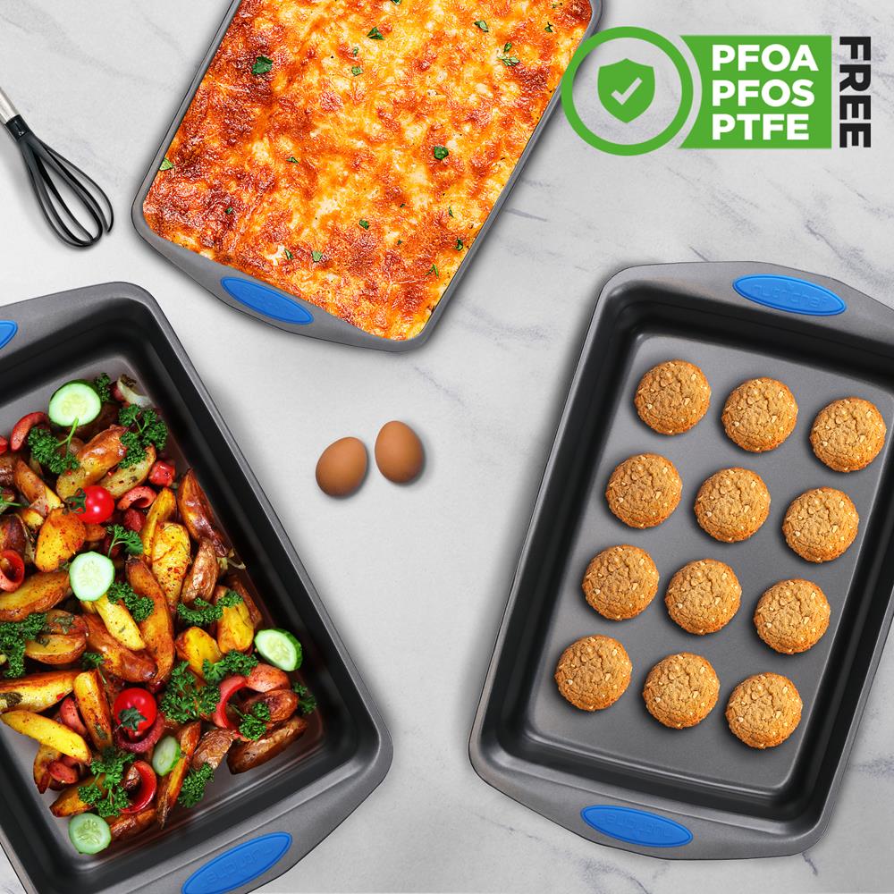 Kitchen Oven Baking Pans - Deluxe Nonstick Gray Coating Inside & Outside Carbon Steel Bakeware Set With Blue Silicone Handles (3-Pieces) - Image 4