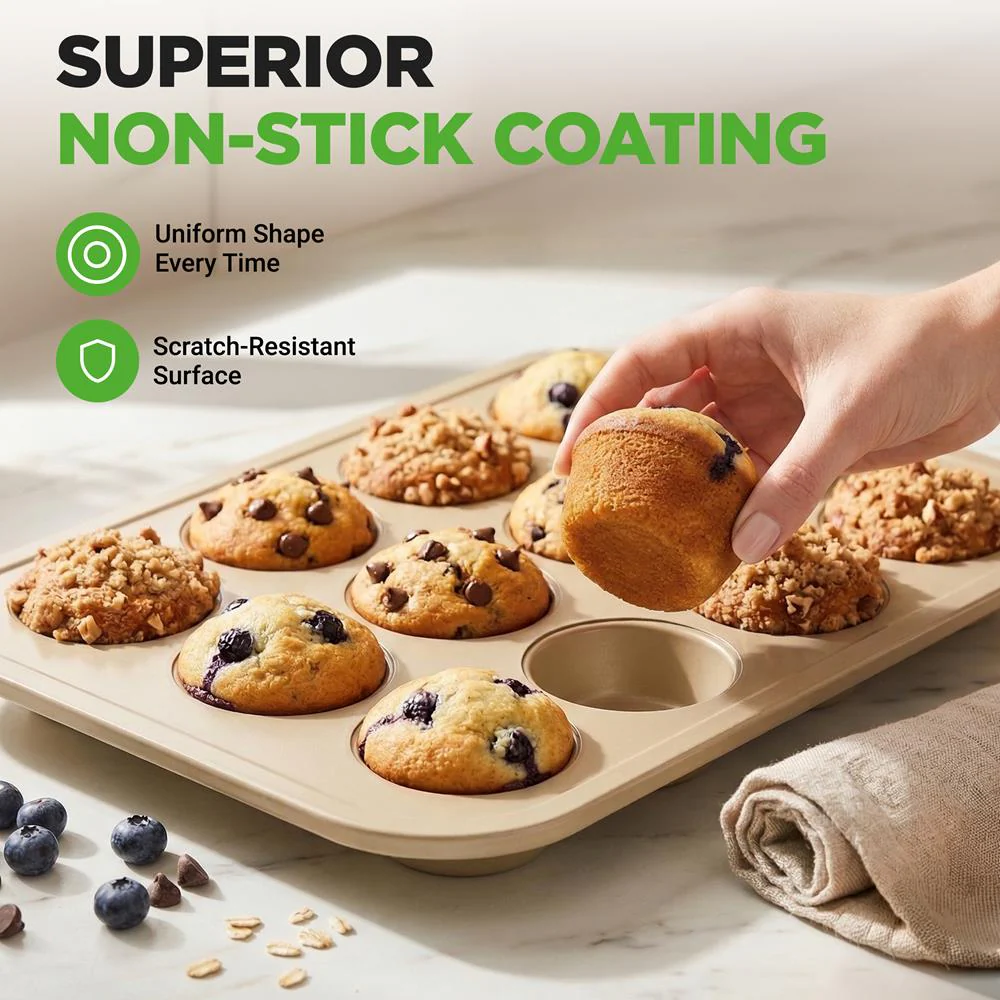12 Cup Nonstick Muffin Pans, Easy Release Carbon Steel, Gold - Image 3