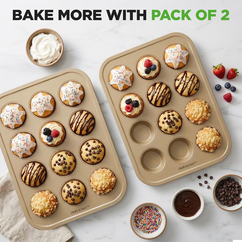 12 Cup Nonstick Muffin Pans, Easy Release Carbon Steel, Gold - Image 4