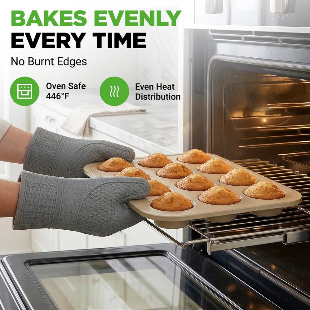 12 Cup Nonstick Muffin Pans, Easy Release Carbon Steel, Gold - Image 6