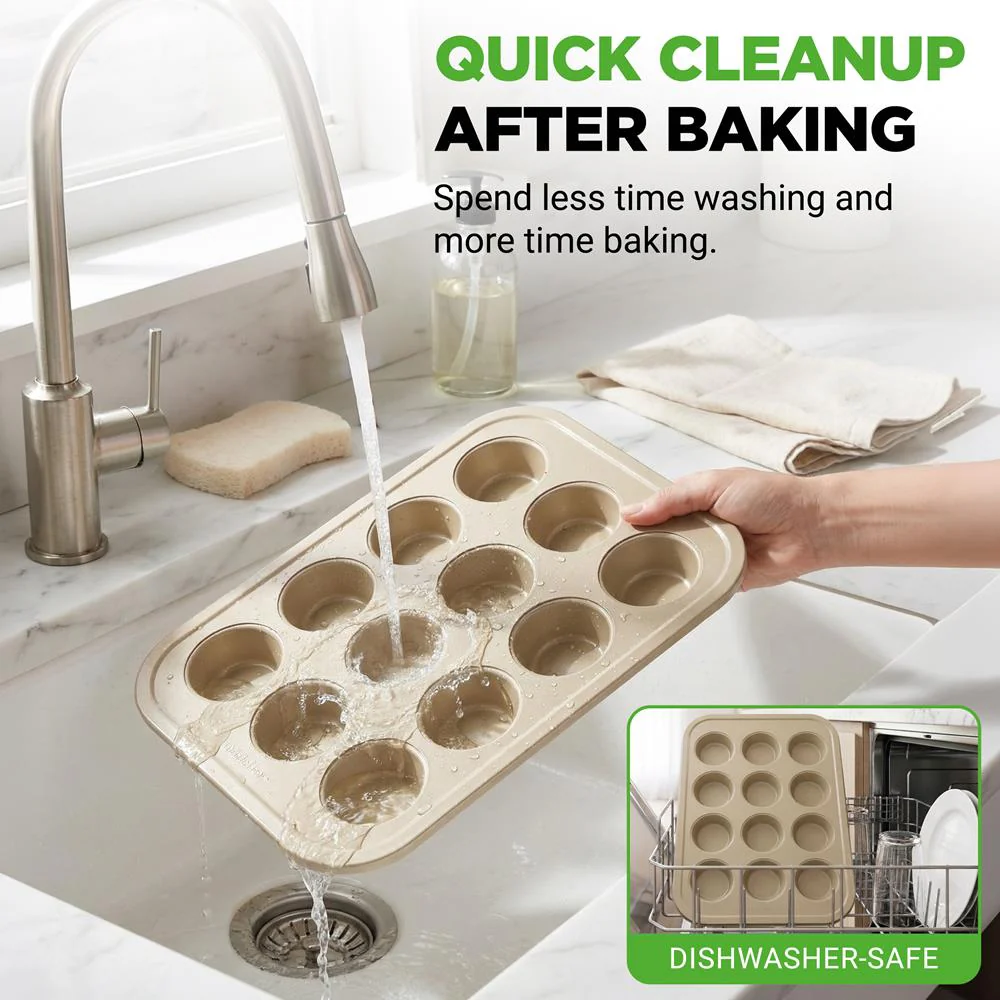 12 Cup Nonstick Muffin Pans, Easy Release Carbon Steel, Gold - Image 7