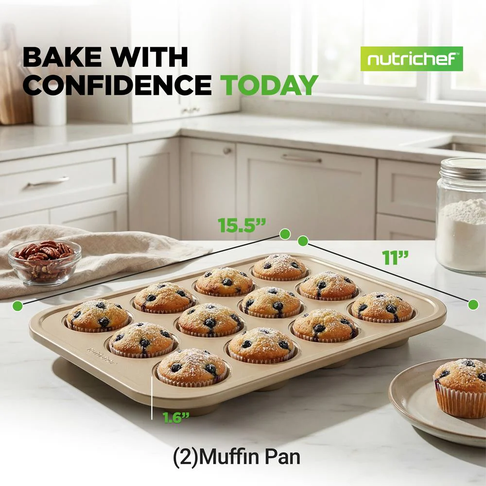 12 Cup Nonstick Muffin Pans, Easy Release Carbon Steel, Gold - Image 8