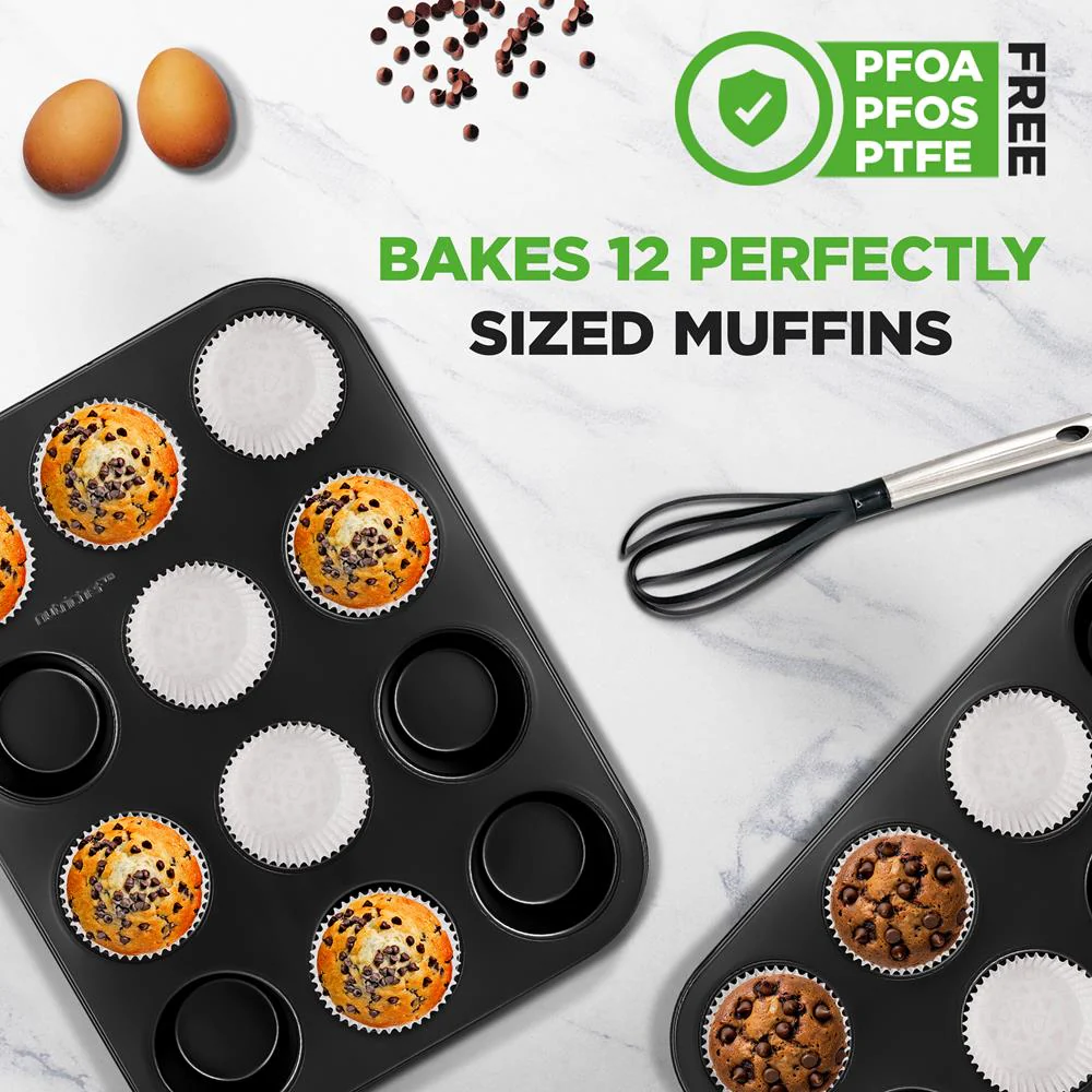 2-Piece 12 Cup Kitchen Oven Muffin Baking Pans With 100 Pieces Parchment Cupcake Liners - Deluxe Non-Stick Cupcake Cookie Sheet Bakeware (Black) - Image 4