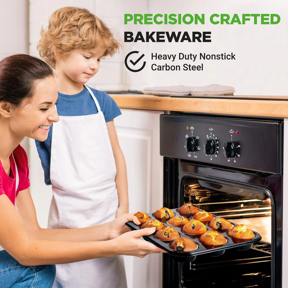 2-Piece 12 Cup Kitchen Oven Muffin Baking Pans With 100 Pieces Parchment Cupcake Liners - Deluxe Non-Stick Cupcake Cookie Sheet Bakeware (Black) - Image 5
