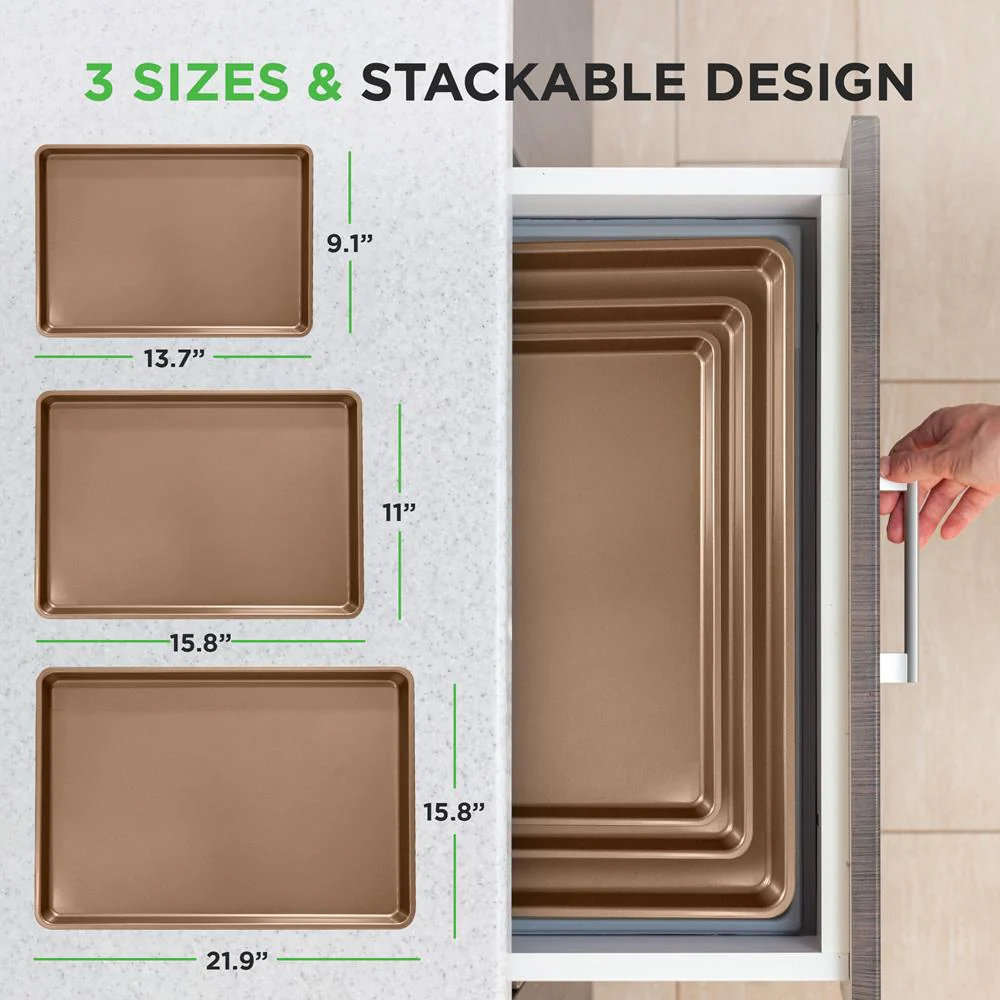 3-Piece Nonstick Baking Pan Set, Durable Carbon Steel, Gold - Image 5