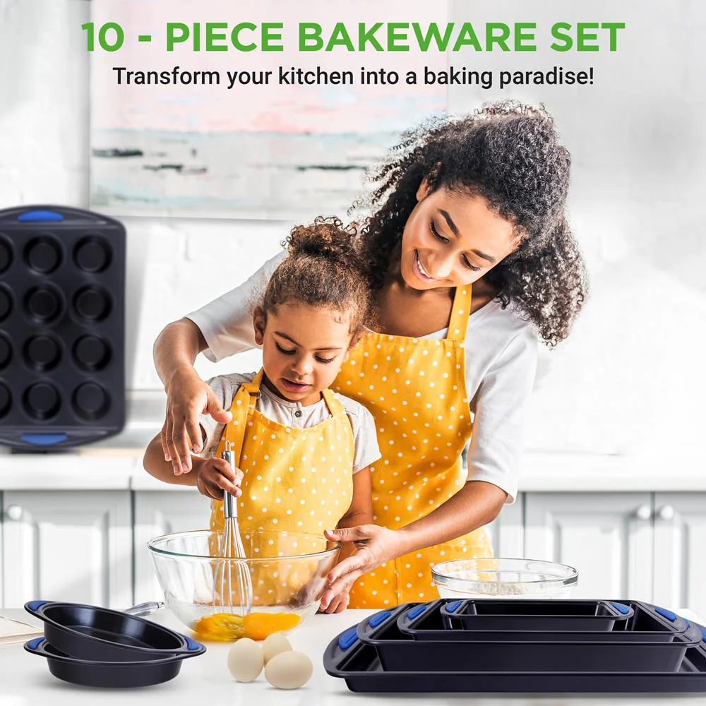 10-Piece Nonstick Bakeware Set - Easy Clean Carbon Steel, Red Handles - Image 2