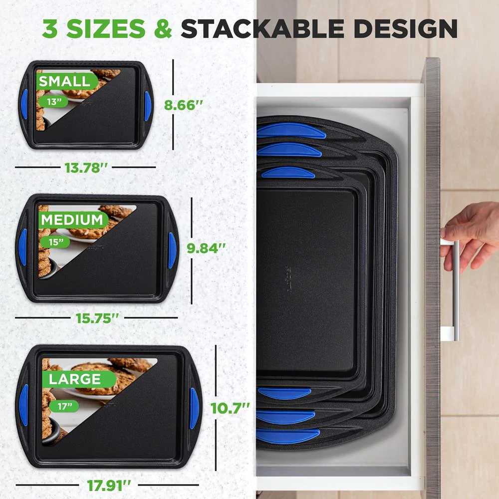 3-Piece Nonstick Cookie Sheets Set - Easy Cleanup Carbon Steel, Blue Handles - Image 3