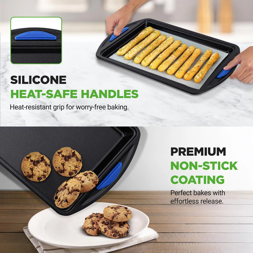 3-Piece Nonstick Cookie Sheets Set - Easy Cleanup Carbon Steel, Blue Handles - Image 6