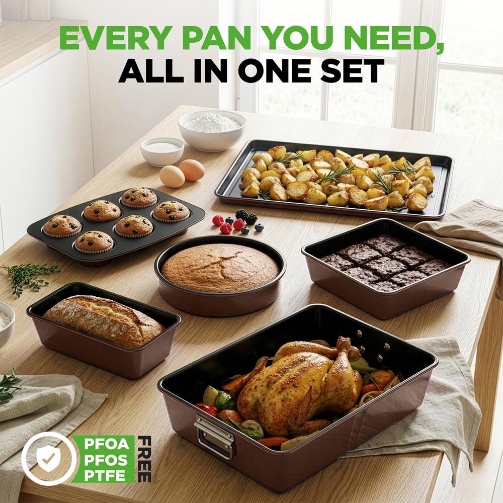 8-Piece Nonstick Bakeware Set - Space-Saving Carbon Steel, Brown - Image 6