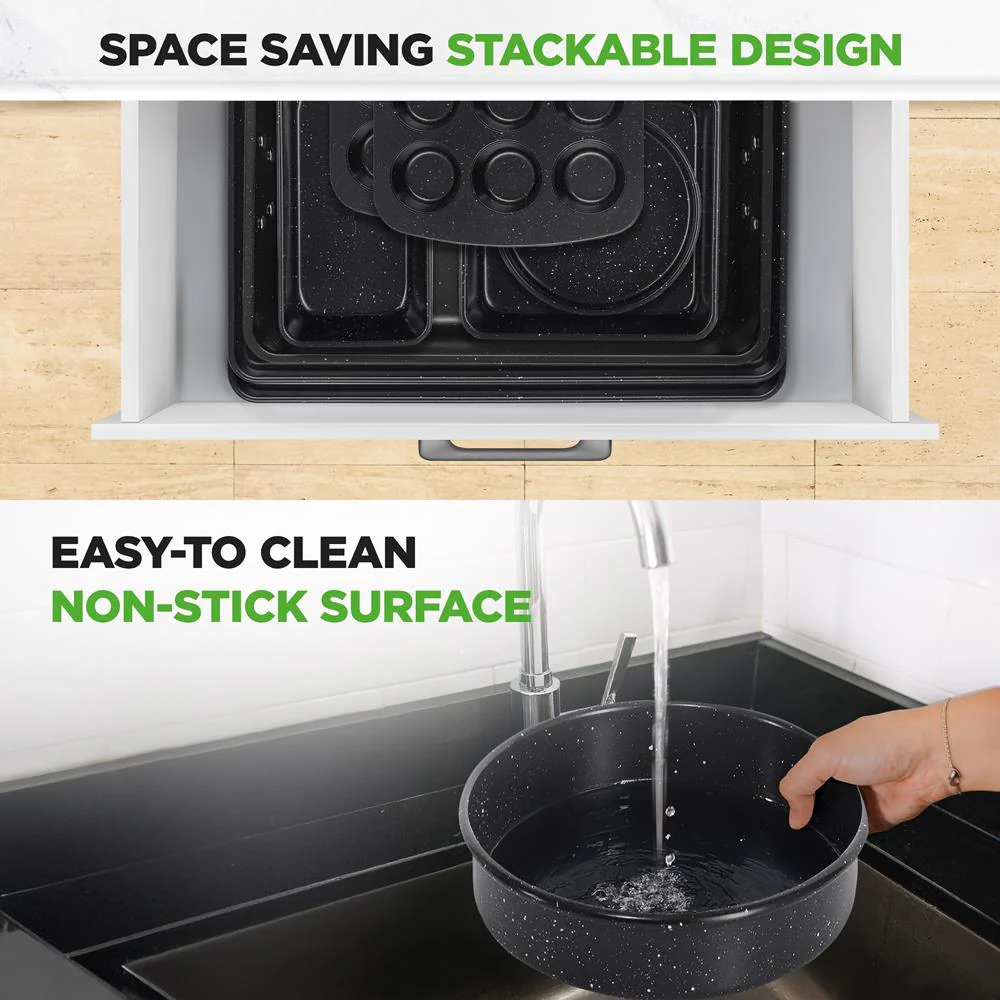 8-Piece Non-Stick Bakeware Set, Stackable Carbon Steel, Black Marble - Image 5