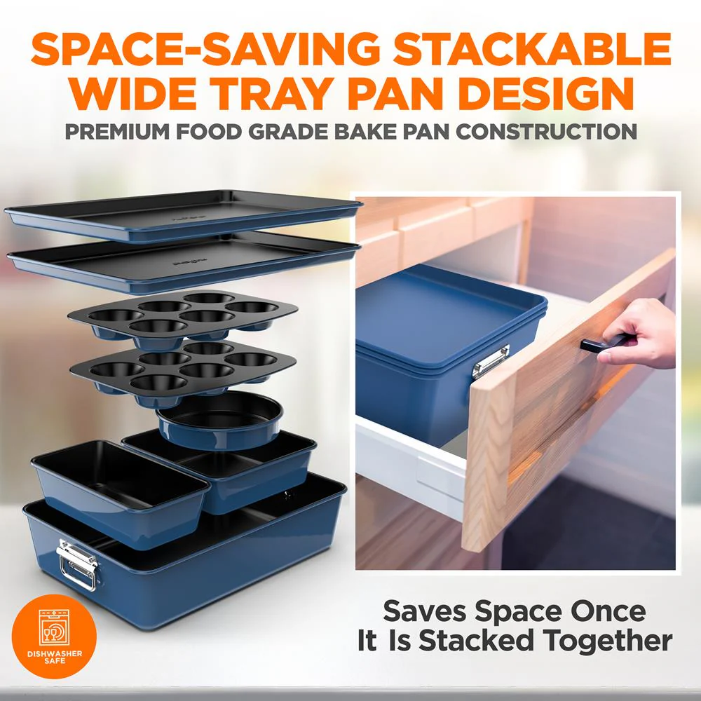8-Piece Nonstick Bakeware Set - Space-Saving Carbon Steel, Blue - Image 5