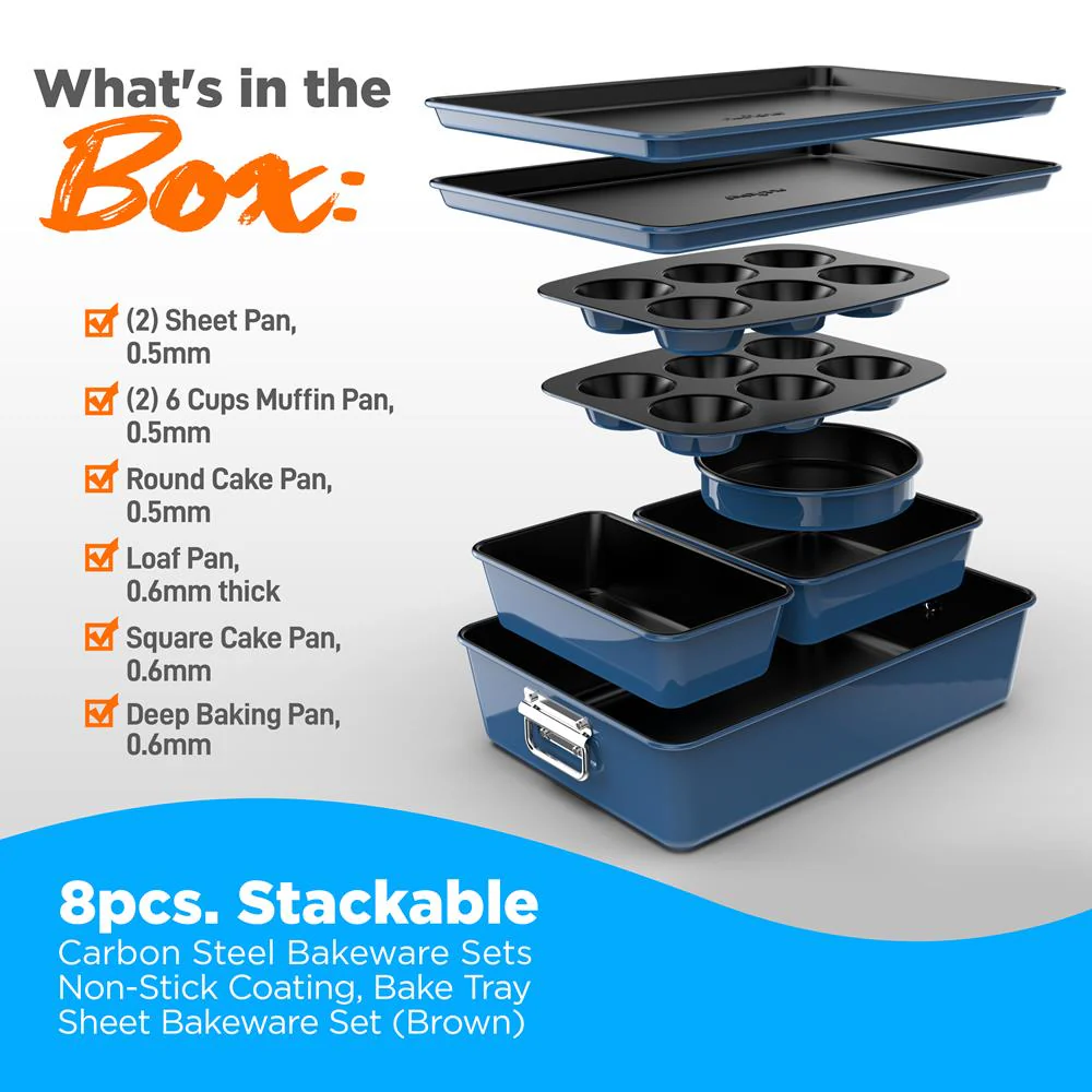 8-Piece Nonstick Bakeware Set - Space-Saving Carbon Steel, Blue - Image 7