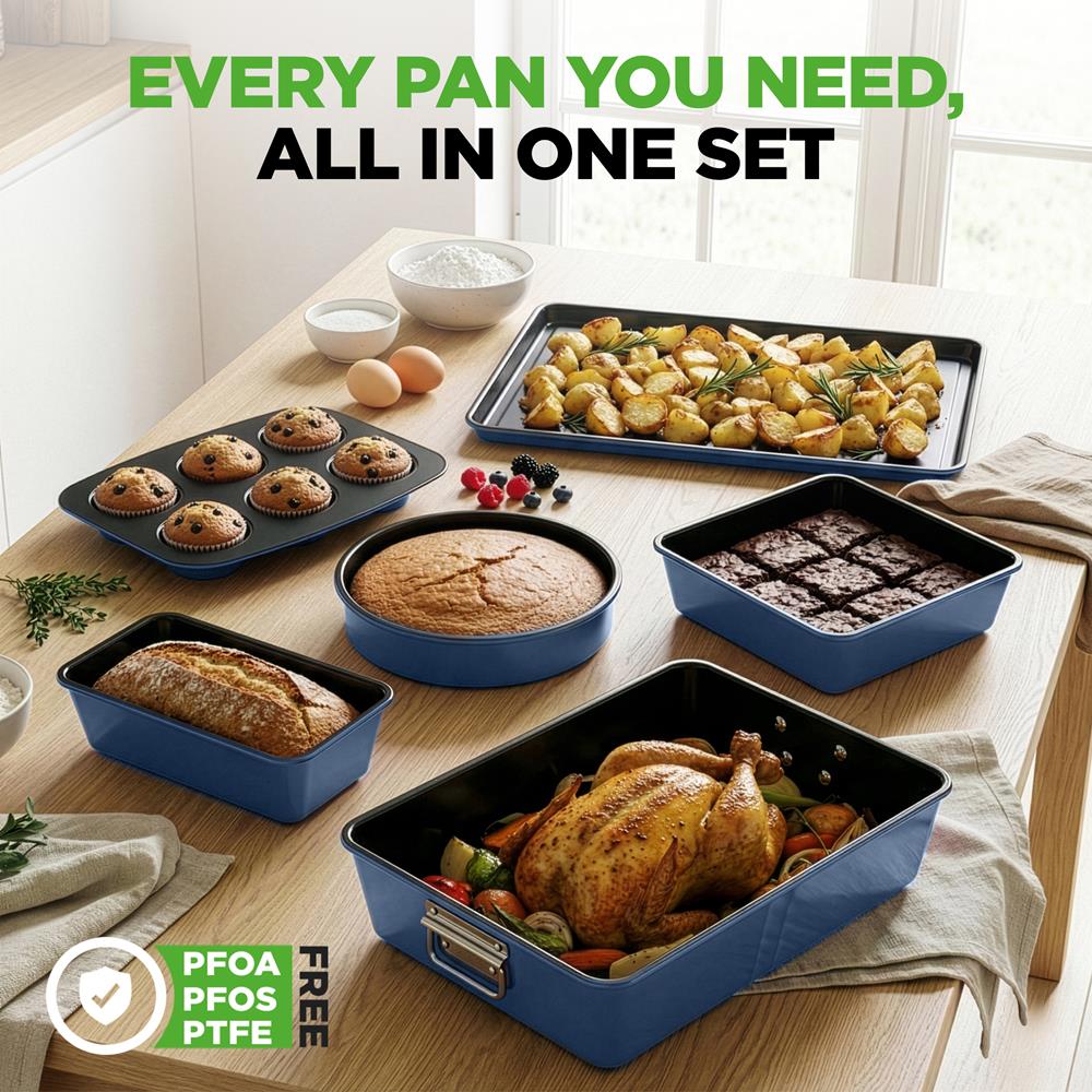 8-Piece Nonstick Bakeware Set - Space-Saving Carbon Steel, Blue - Image 6