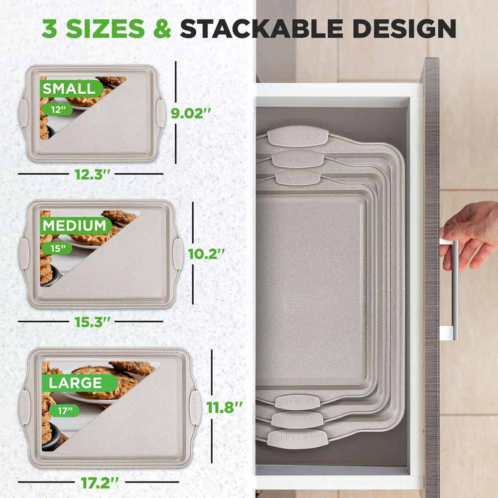 3-Piece Nonstick Cookie Sheets Set, Even Heat, Carbon Steel, Cream Marble - Image 3