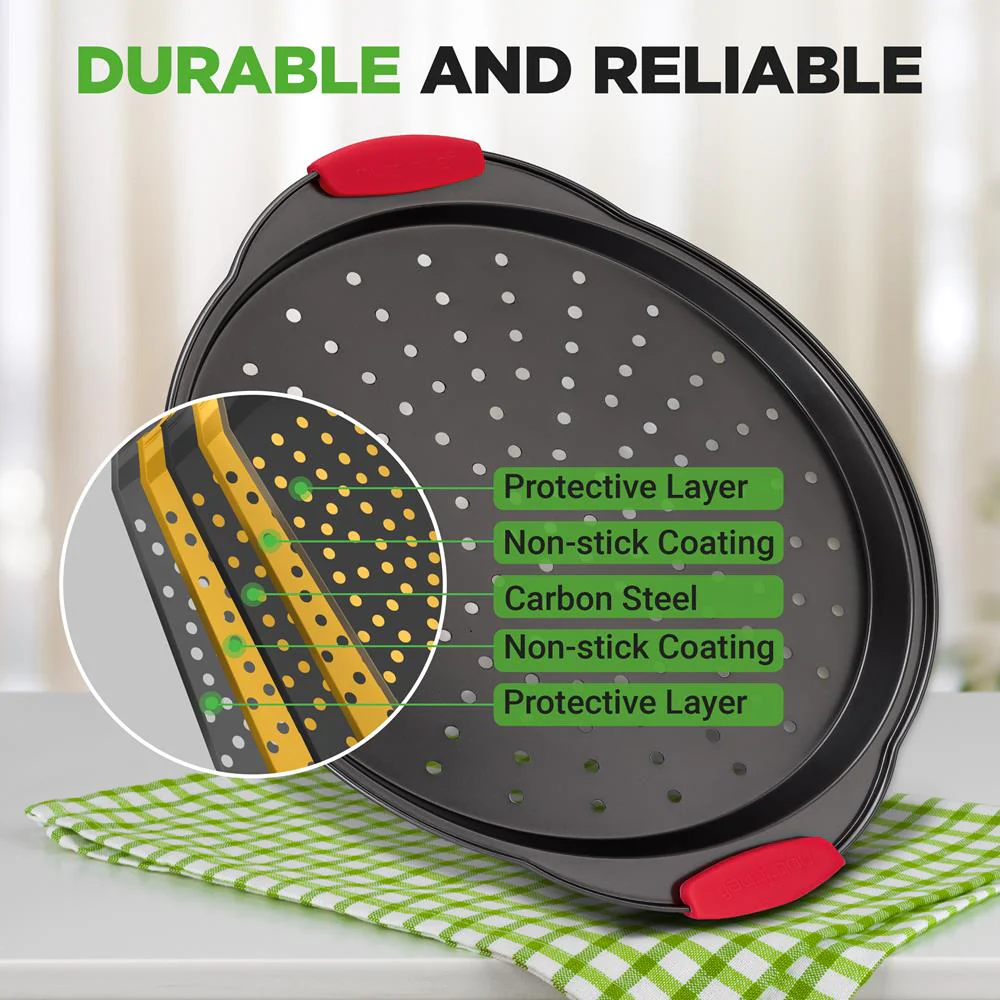 2-Piece Nonstick Pizza Tray Set, Easy Release, Carbon Steel, Gray - Image 2