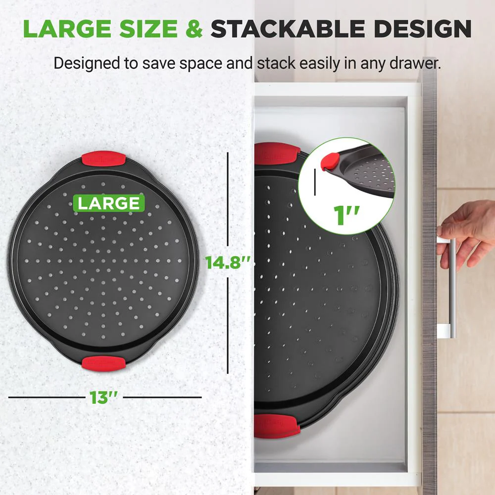 2-Piece Nonstick Pizza Tray Set, Easy Release, Carbon Steel, Gray - Image 3