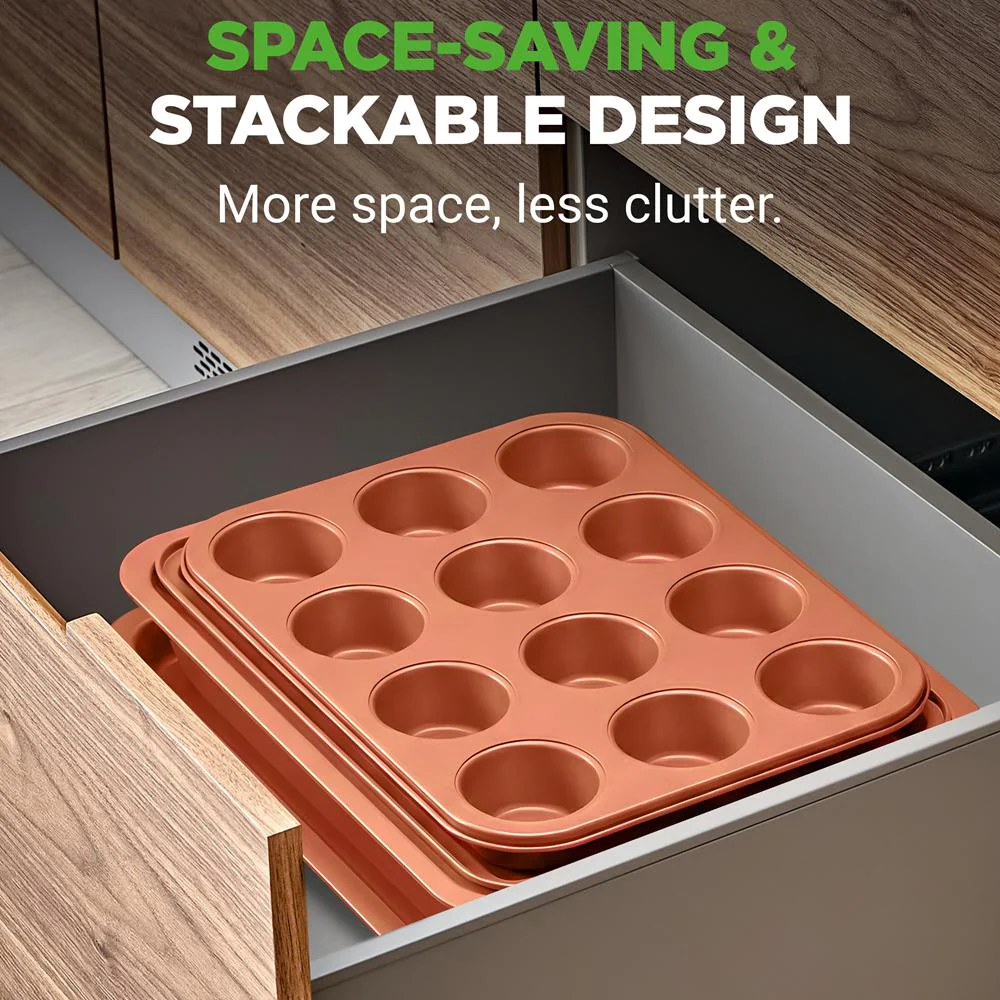 10-Piece Nonstick Bakeware Set, Easy Clean Carbon Steel, Copper - Image 3