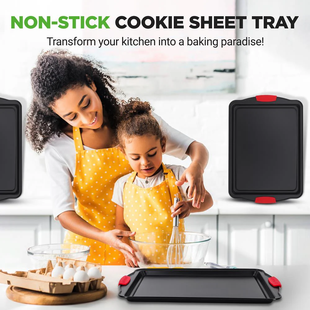 3-Piece Nonstick Cookie Sheets - Even Heat Carbon Steel, Red Handles - Image 2
