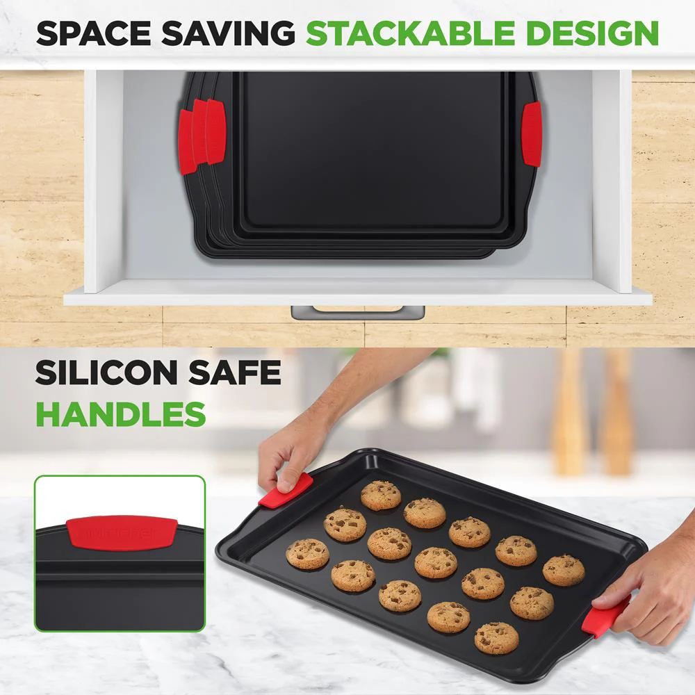 3-Piece Nonstick Cookie Sheets - Even Heat Carbon Steel, Red Handles - Image 4