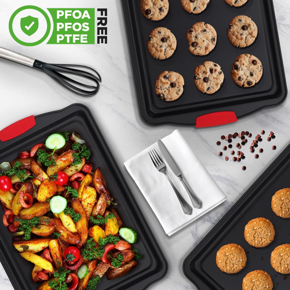 3-Piece Nonstick Cookie Sheets - Even Heat Carbon Steel, Red Handles - Image 5