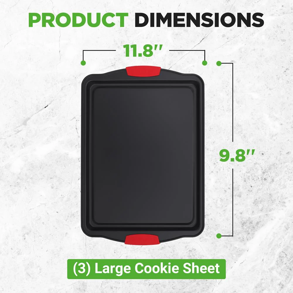 3-Piece Nonstick Cookie Sheets - Even Heat Carbon Steel, Red Handles - Image 6