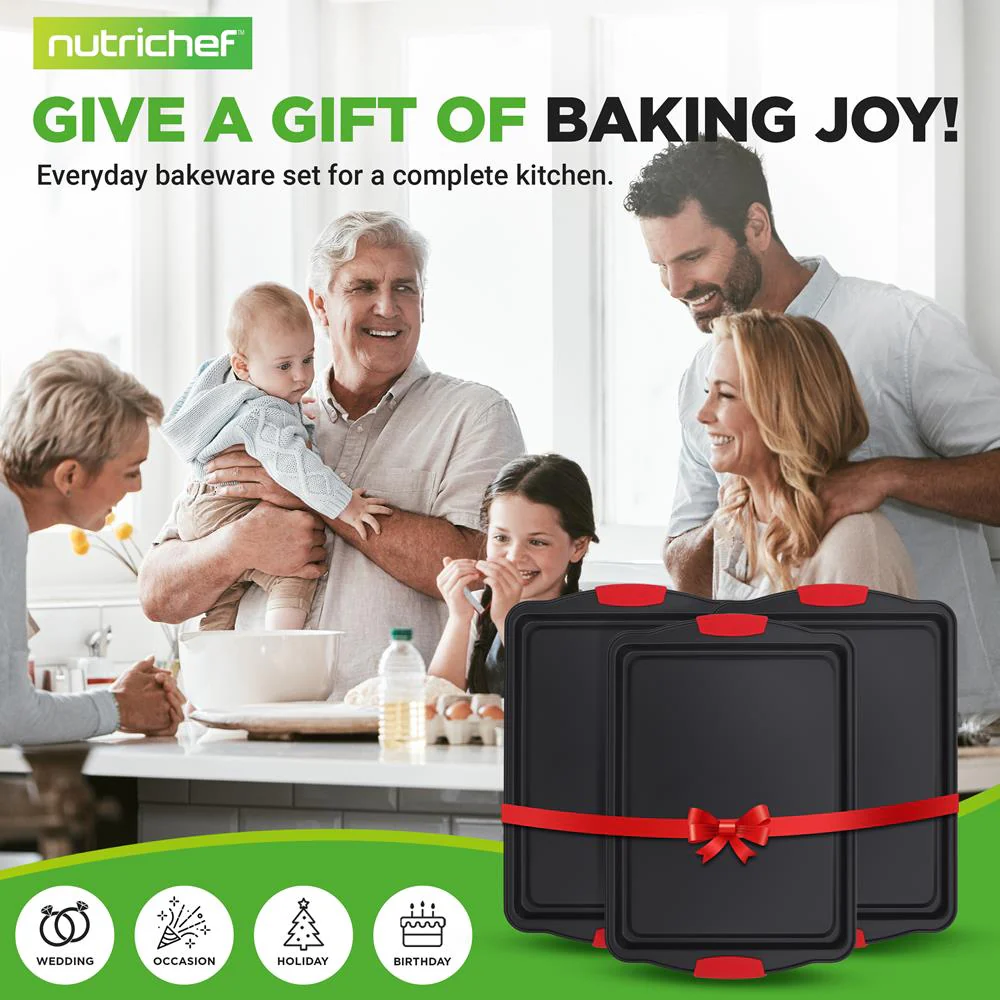 3-Piece Nonstick Cookie Sheets - Even Heat Carbon Steel, Red Handles - Image 7