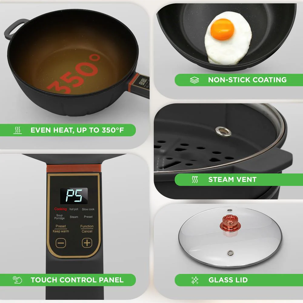 Electric Frying Pan & Steamer, 4L, Non-Stick, Touch Control, Portable - Image 3