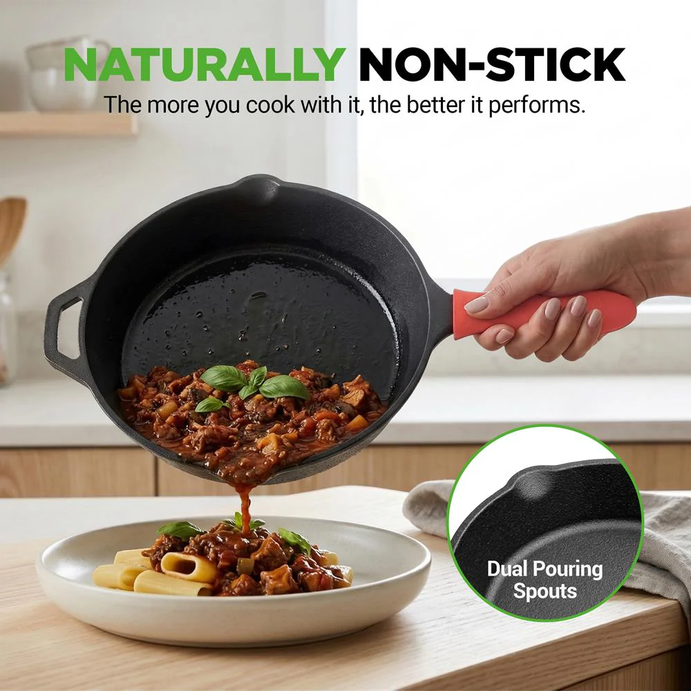 10" Cast Iron Skillet with Lid - Non-Stick, Oven Safe, Orange Handle - Image 4