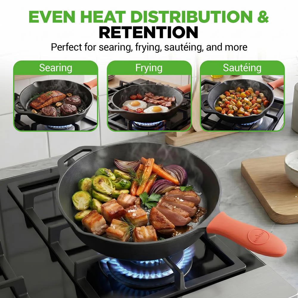 10" Cast Iron Skillet with Lid - Non-Stick, Oven Safe, Orange Handle - Image 6