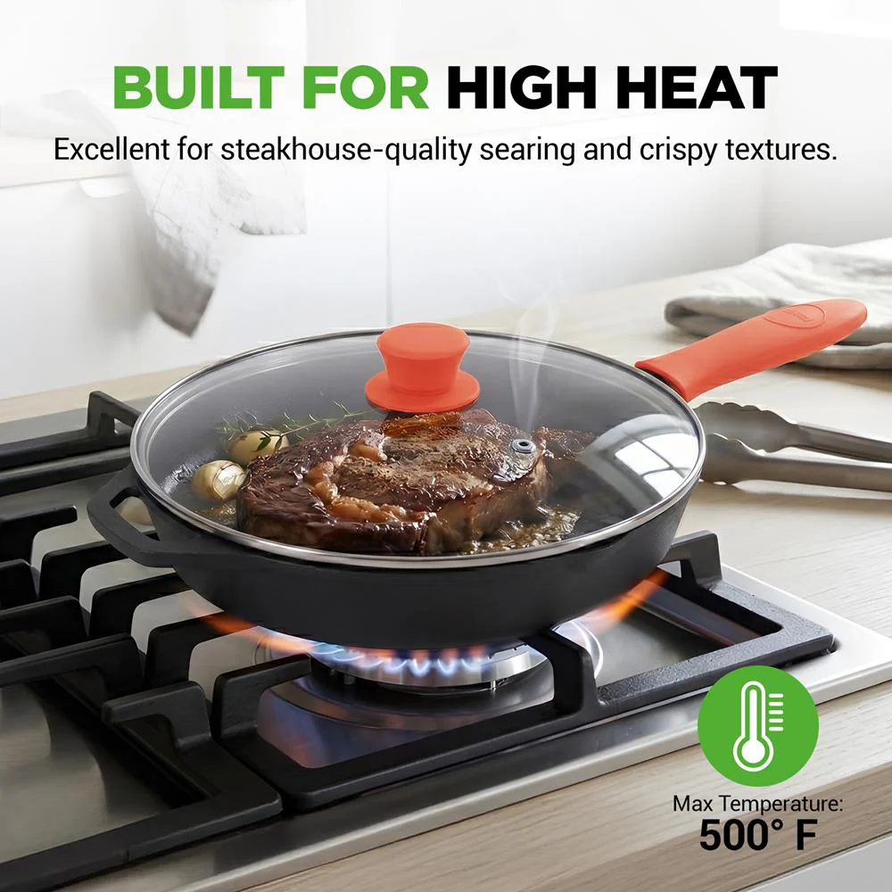 12" Cast Iron Skillet - Nonstick, Oven Safe, Orange Silicone Handle - Image 5
