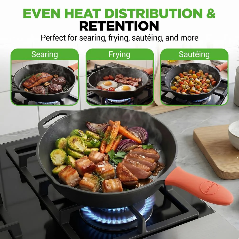 12" Cast Iron Skillet - Nonstick, Oven Safe, Orange Silicone Handle - Image 6