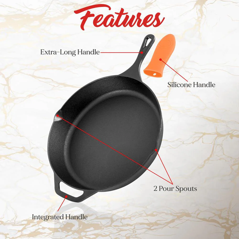 Cast Iron Skillet Set, Nonstick, Pre-Seasoned, Silicone Handles, Orange - Image 3