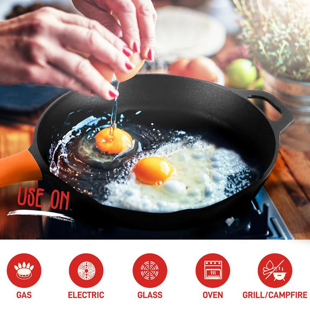 Cast Iron Skillet Set, Nonstick, Pre-Seasoned, Silicone Handles, Orange - Image 4