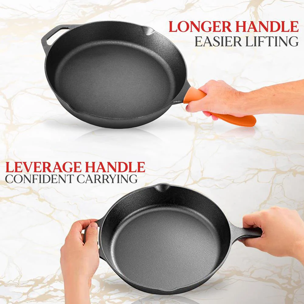 Cast Iron Skillet Set, Nonstick, Pre-Seasoned, Silicone Handles, Orange - Image 5