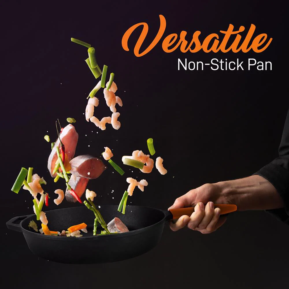 Cast Iron Skillet Set, Nonstick, Pre-Seasoned, Silicone Handles, Orange - Image 7