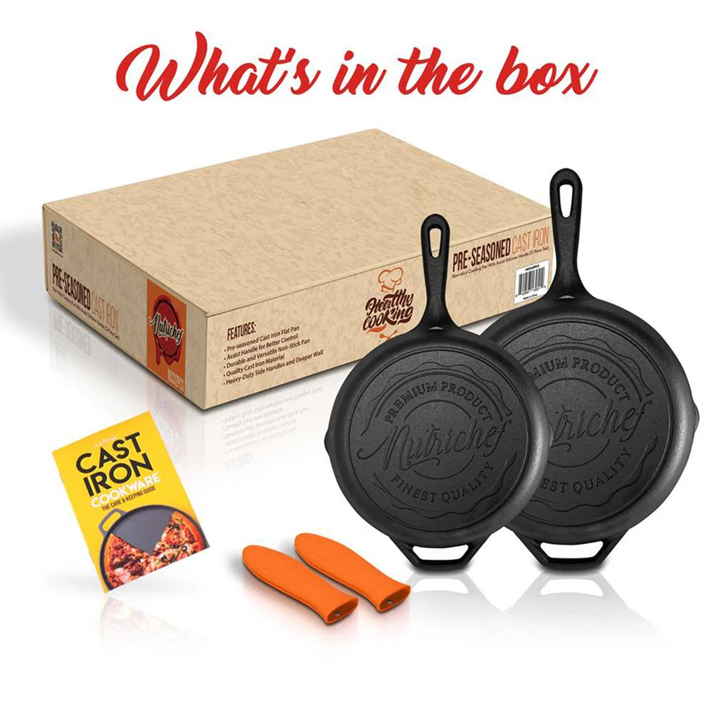 Cast Iron Skillet Set, Nonstick, Pre-Seasoned, Silicone Handles, Orange - Image 8