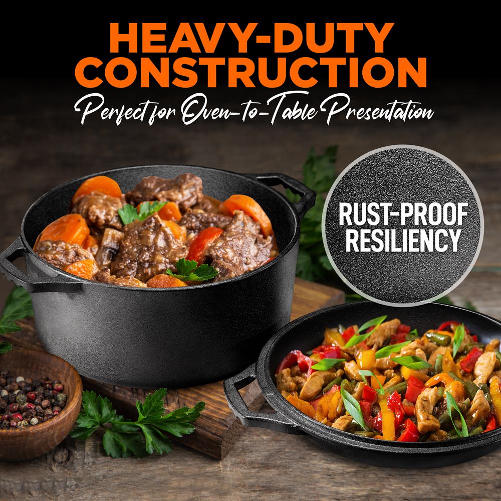 2-In-1 Pre-Seasoned Non-Stick Cast Iron Double Dutch Oven And Skillet Lid - Image 3