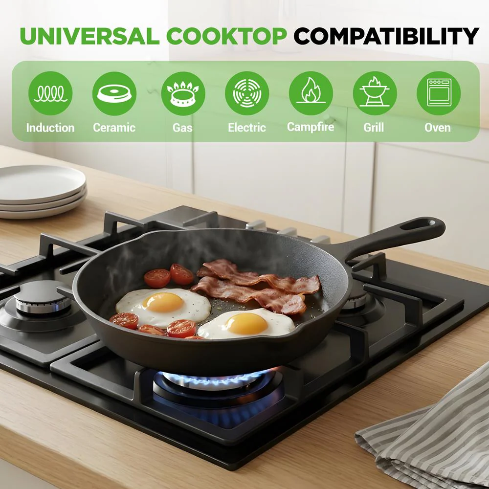 Pre-Seasoned Cast Iron Skillet Set 3pc Nonstick Even-Heat Drip Spout - Image 2