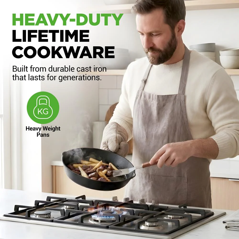 Pre-Seasoned Cast Iron Skillet Set 3pc Nonstick Even-Heat Drip Spout - Image 3