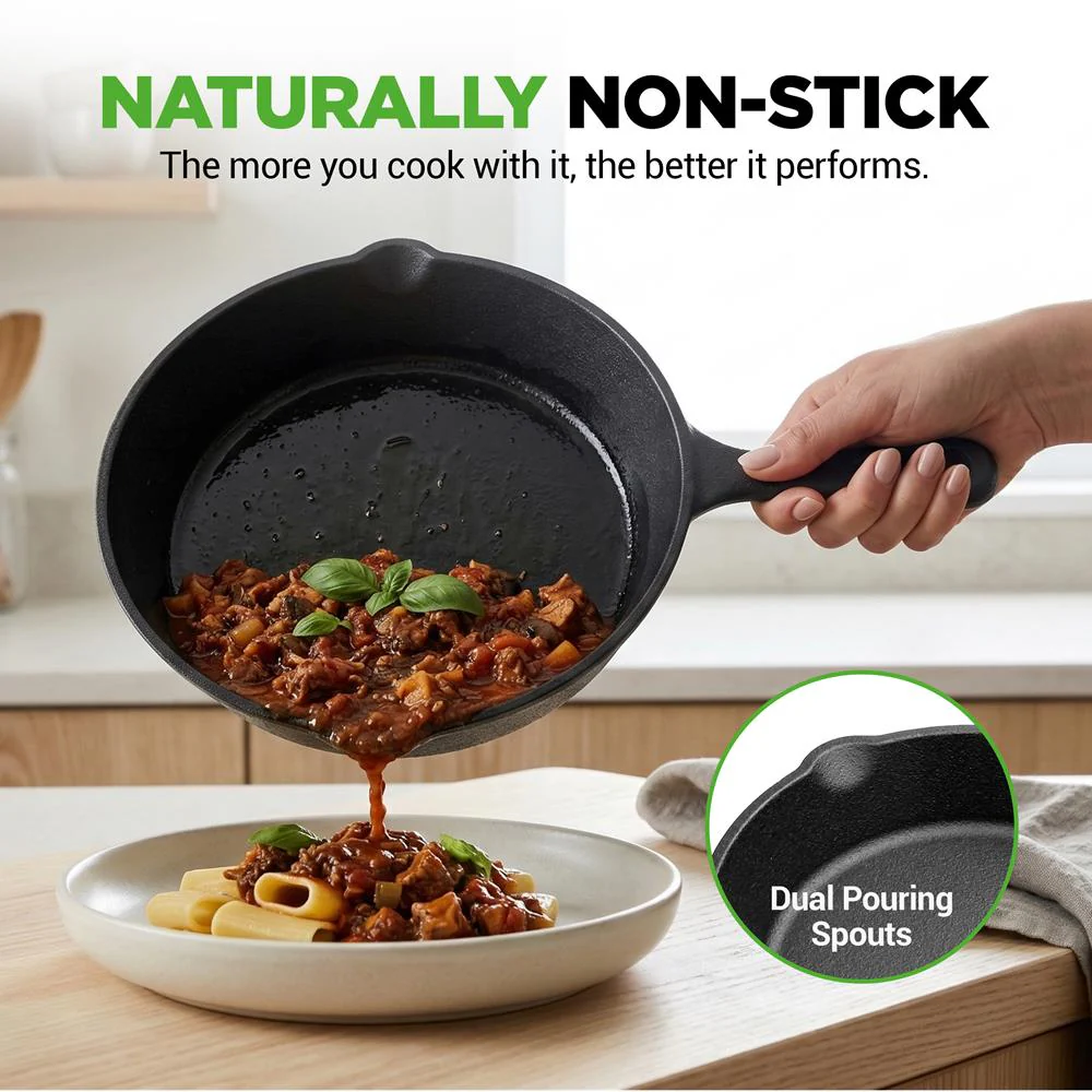 Pre-Seasoned Cast Iron Skillet Set 3pc Nonstick Even-Heat Drip Spout - Image 4