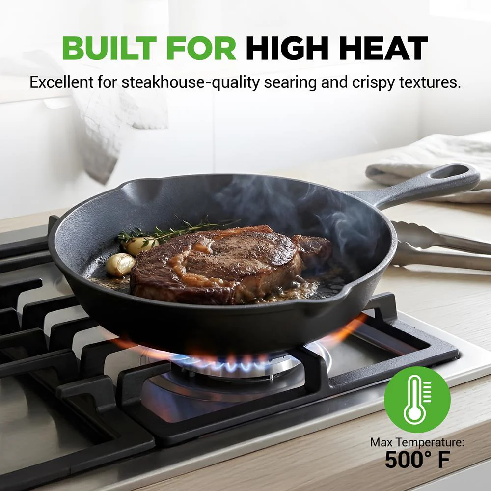 Pre-Seasoned Cast Iron Skillet Set 3pc Nonstick Even-Heat Drip Spout - Image 5