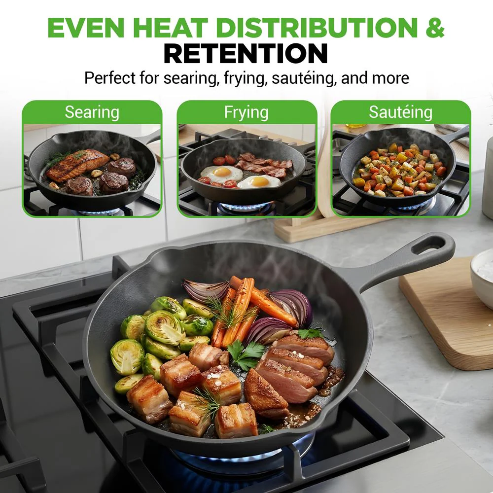 Pre-Seasoned Cast Iron Skillet Set 3pc Nonstick Even-Heat Drip Spout - Image 6